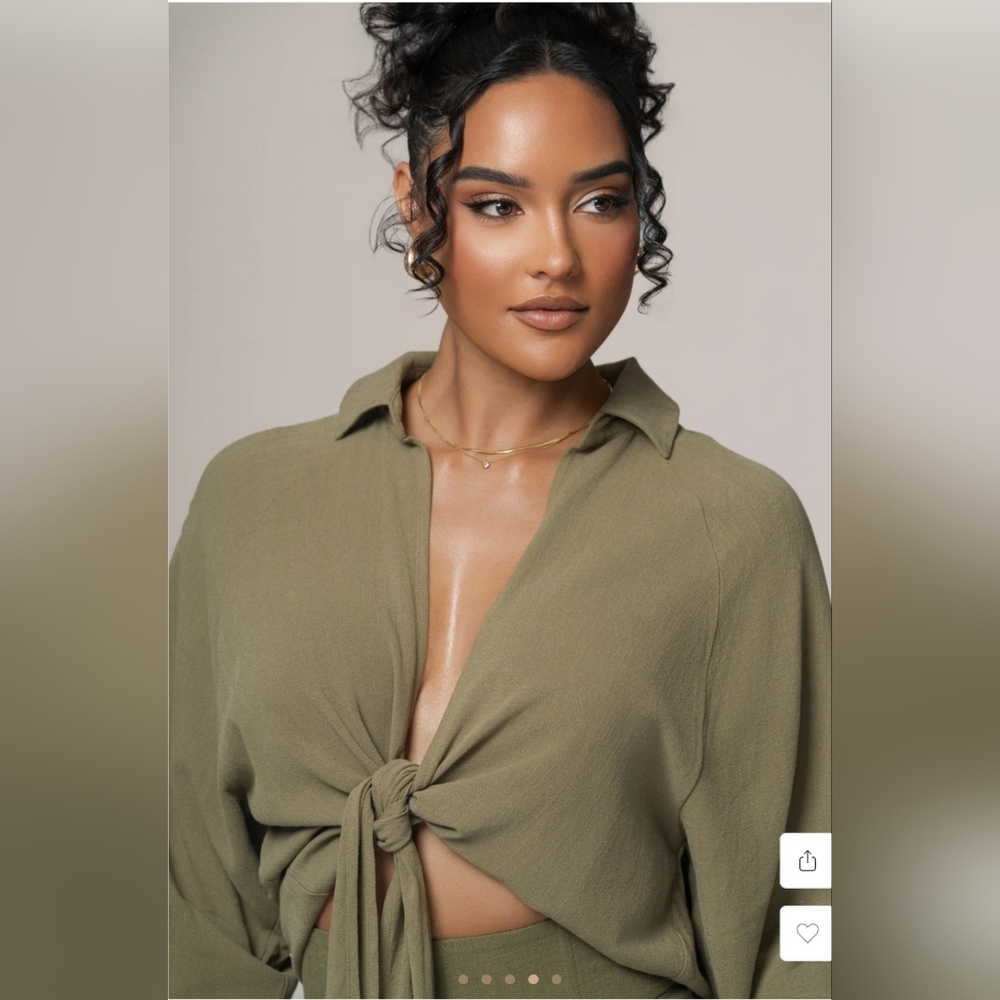 JLUXLABEL Olive SOHO Front Tied Woven Top